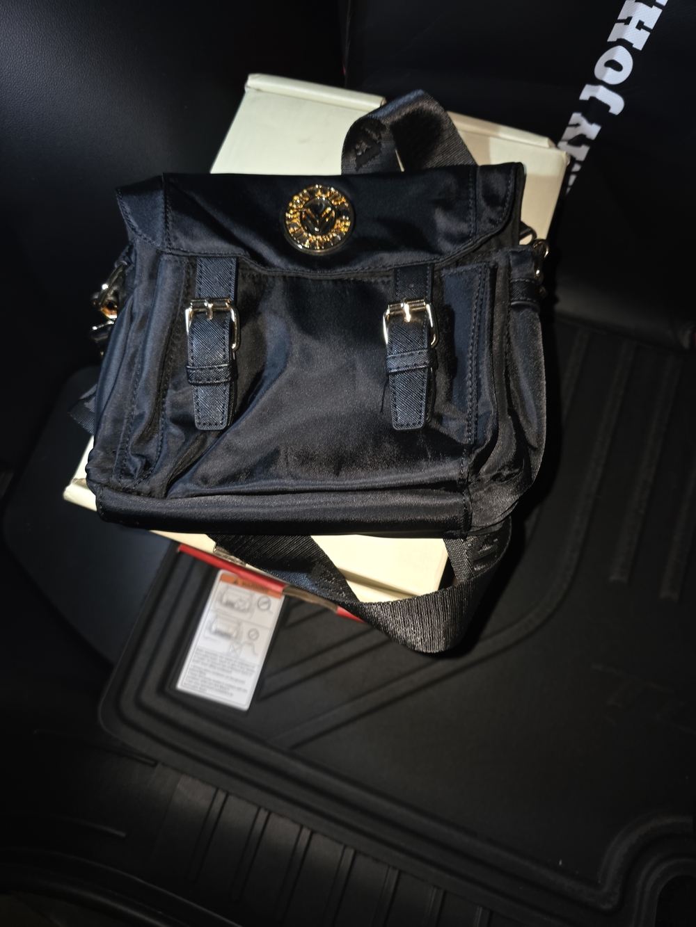 Valentino Orlandi Black Nylon Crossbody Shoulder Bag with Gold-Tone Emblem